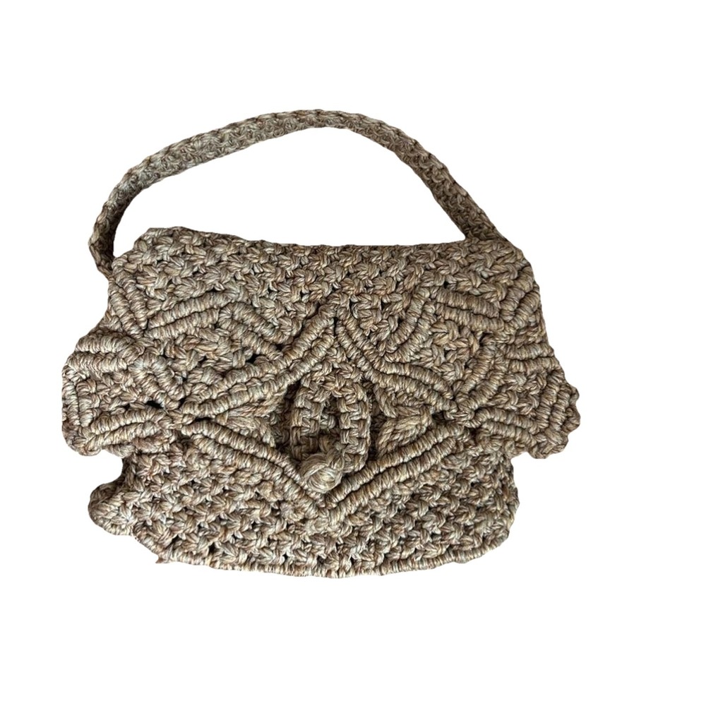 Vintage Woven Tan Woven Rope Fold Over Jute‎ Boho Handbag Shoulder Bag Purse
